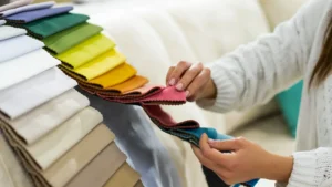 the-woman-chooses-the-fabric-on-the-sofa-textile-industry